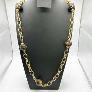 Banana Republic Gold Tone Chain & Faux Tiger's Eye Bead Necklace 34" Long